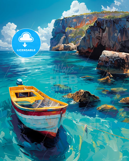 Caribbean Art: Colorful Painting of a Boat on Curacao's Crystal-Clear Waters