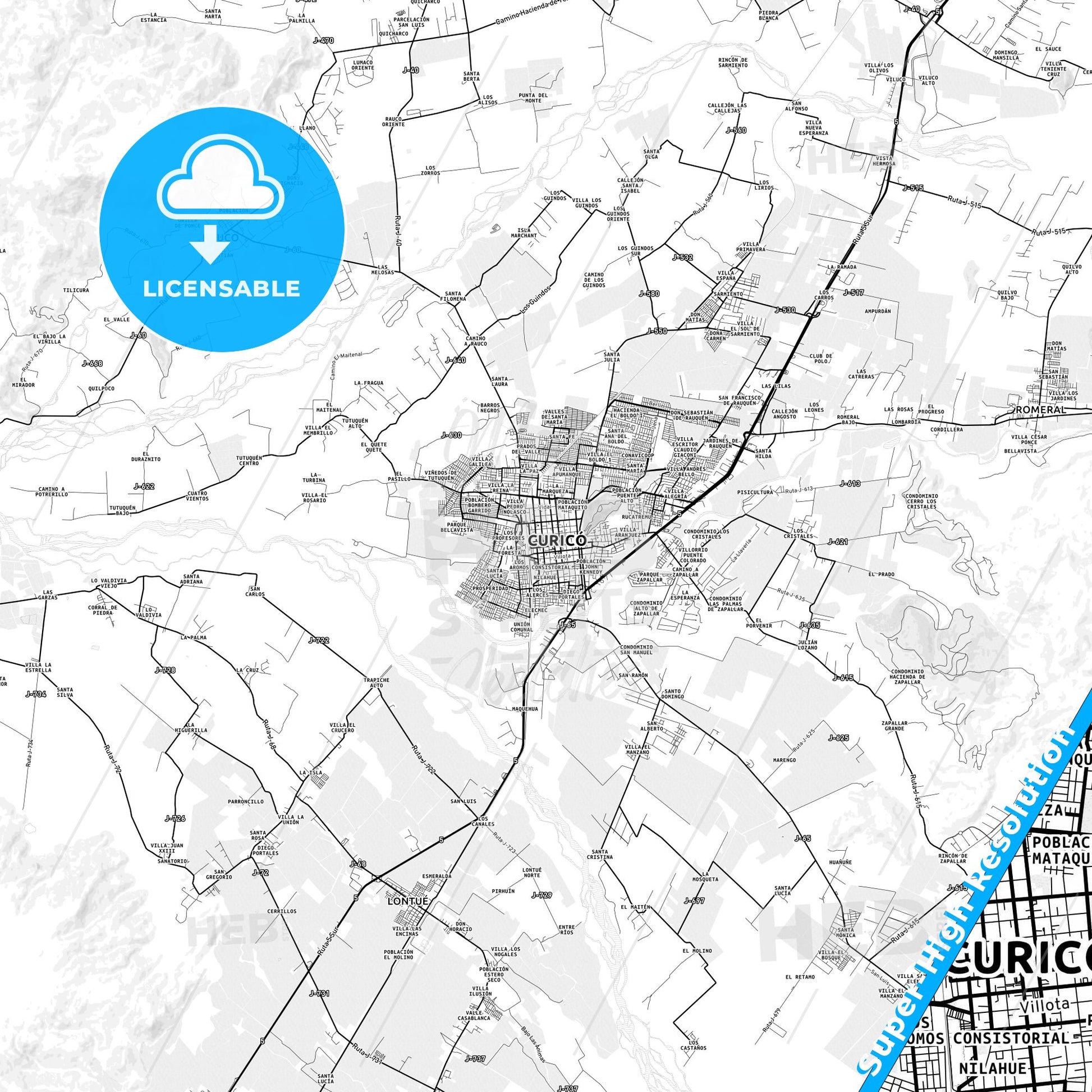 Curico, Chile light map with streetnames, citynames and districts