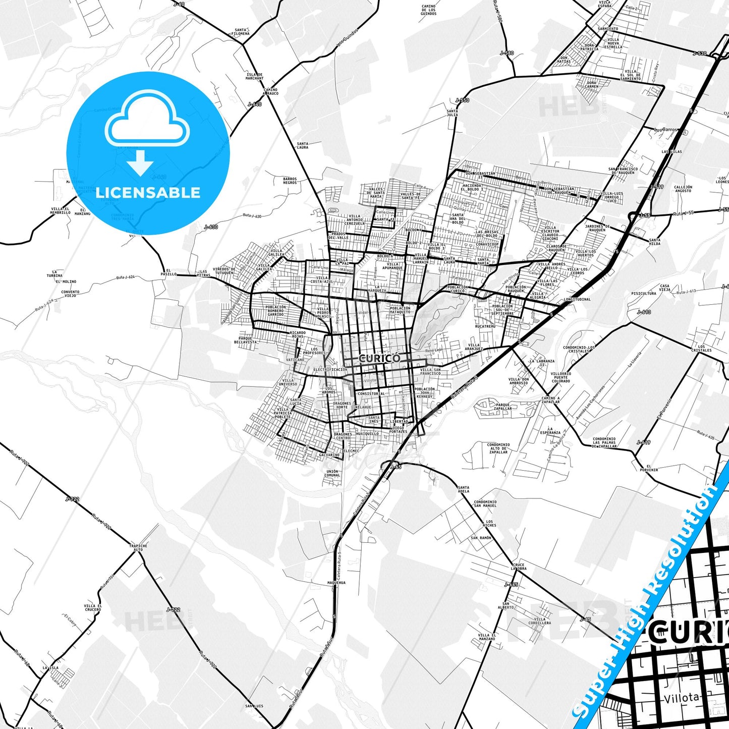Curico, Chile Light Map with Street Names, City Names, and Districts