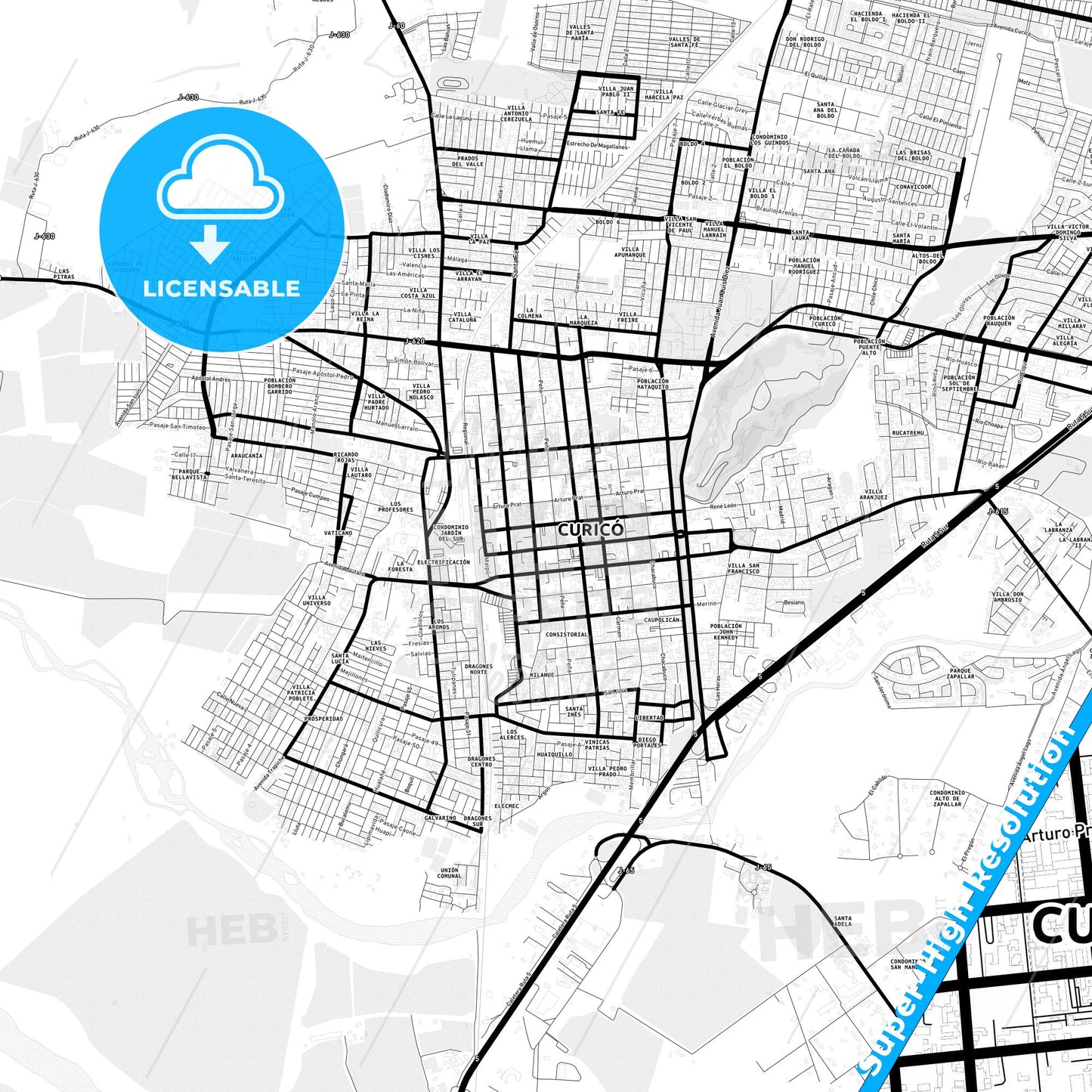 Curico, Chile Light Map with Street Names, City Names, and Districts