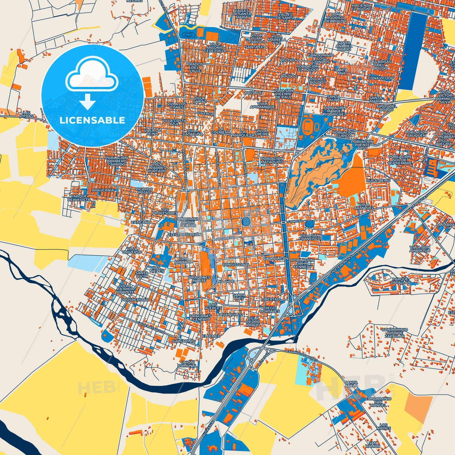 Colorful Curico Street Map with Labels and Buildings