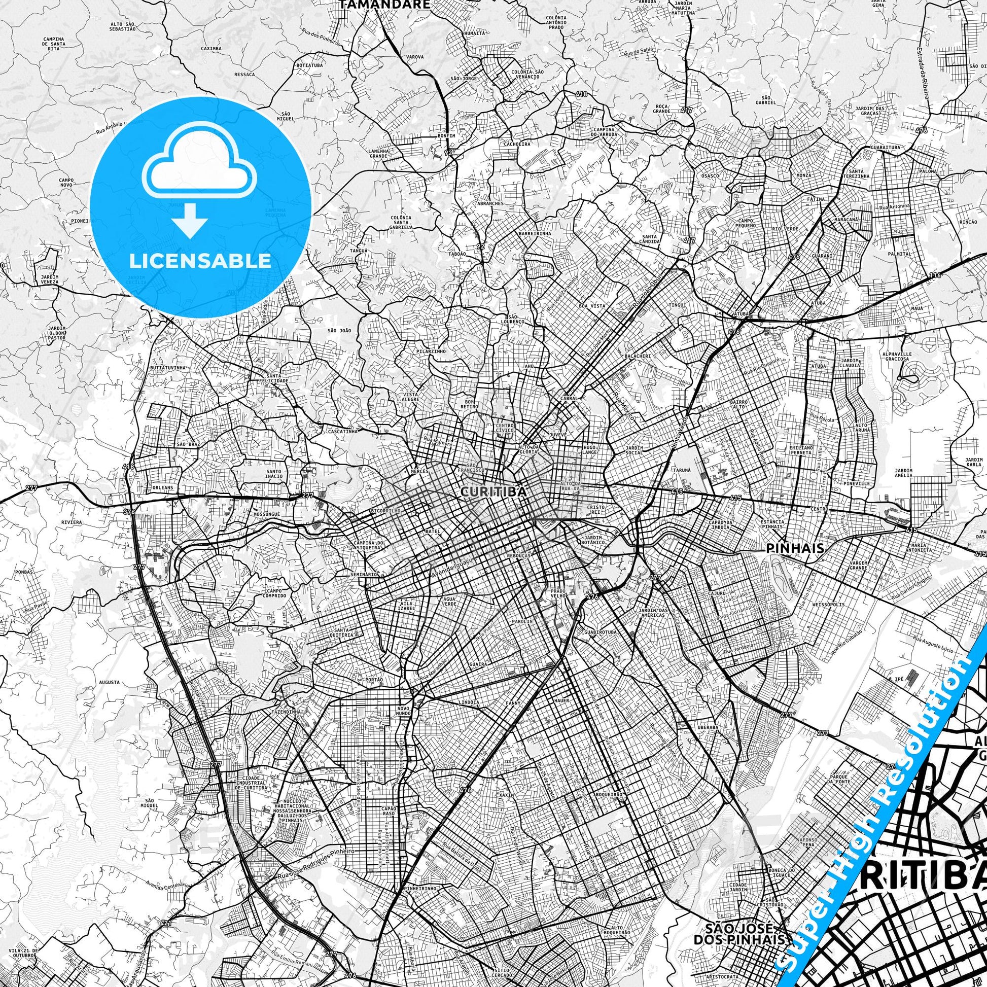 Curitiba, Brazil light map with streetnames, citynames and districts