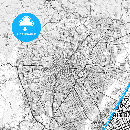 Curitiba, Brazil light map with streetnames, citynames and districts