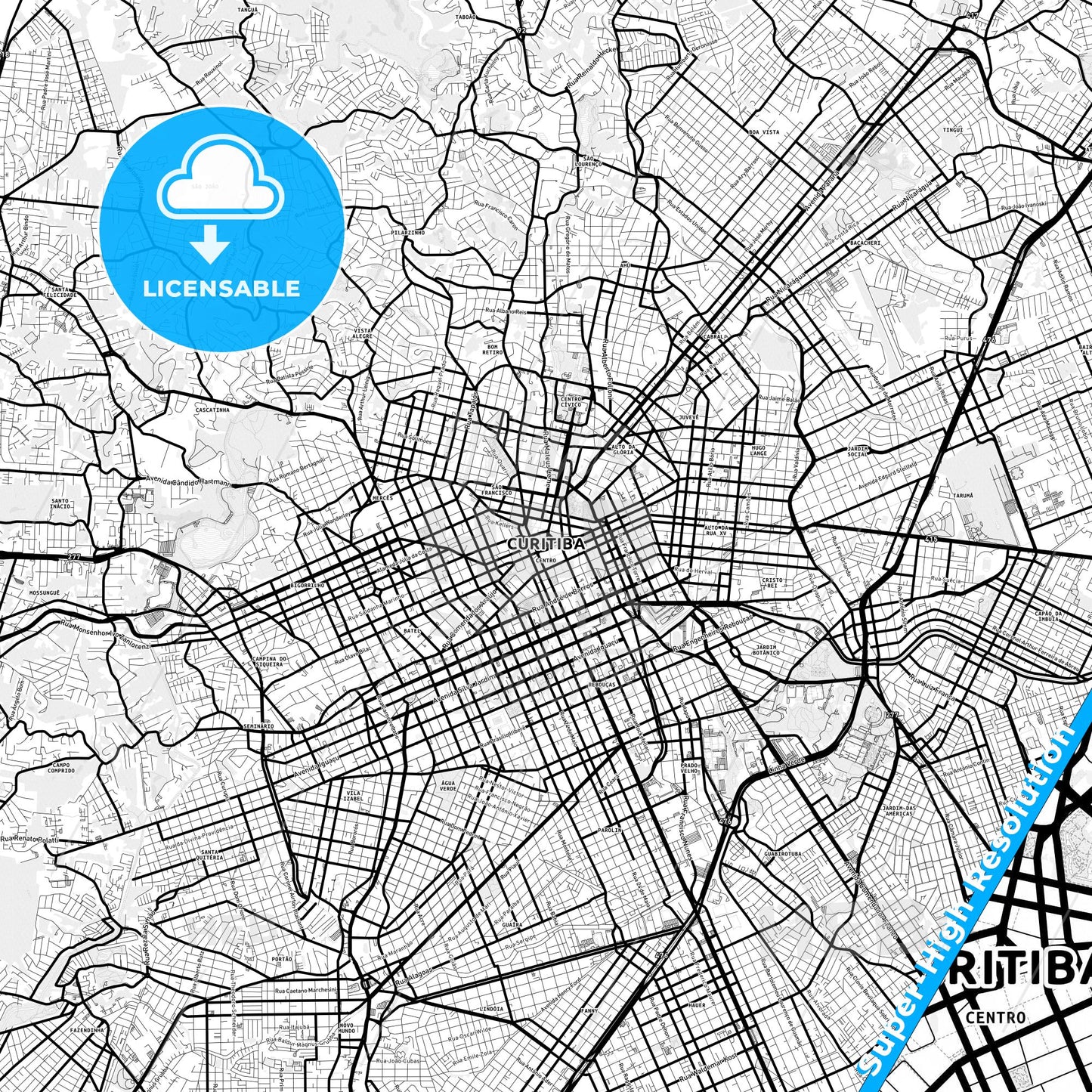 Curitiba, Brazil Light Map with Street Names, City Names, and Districts