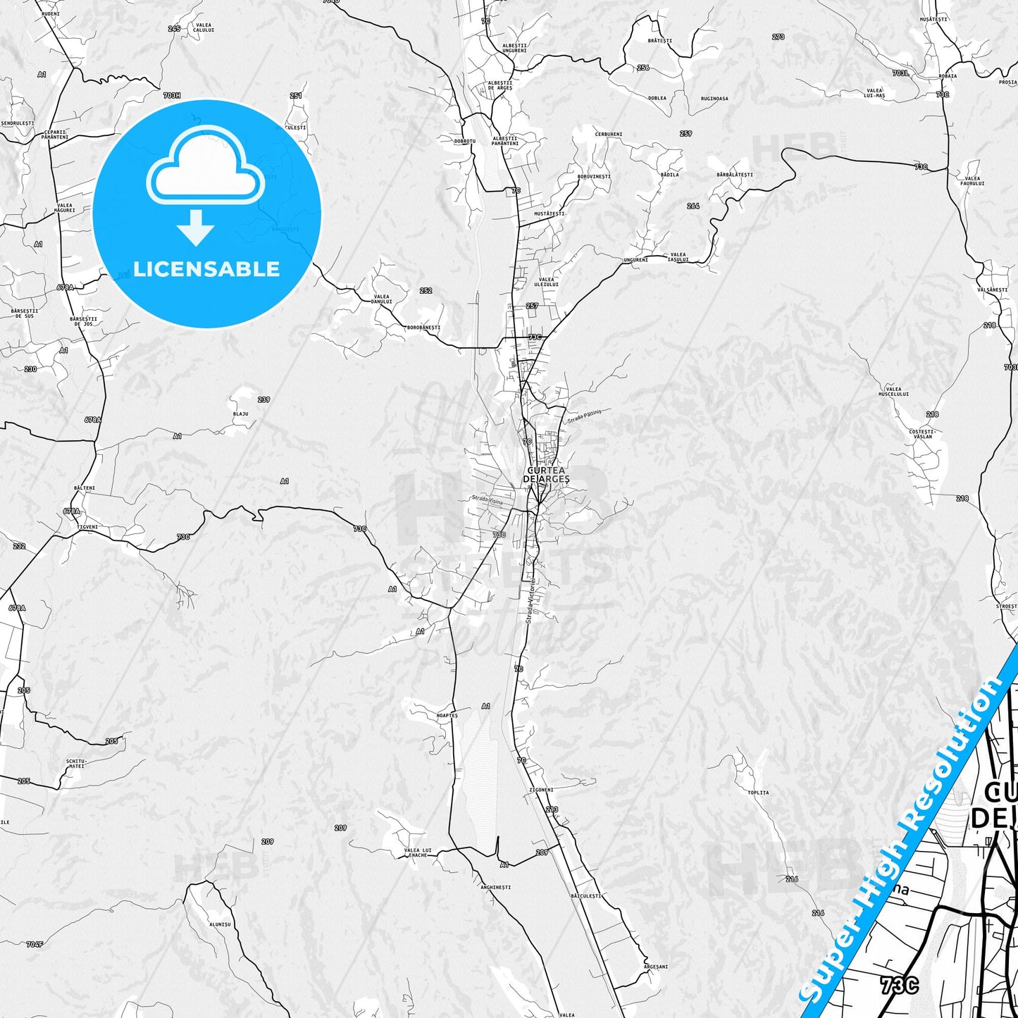 Curtea de Argeș, Romania light map with streetnames, citynames and districts