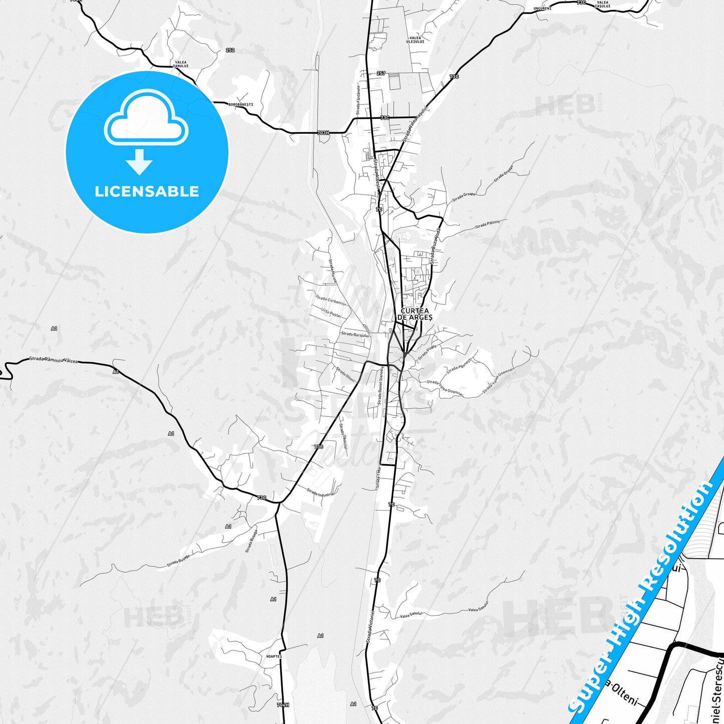 Curtea de Argeș, Romania Light Map with Street Names, City Names, and Districts