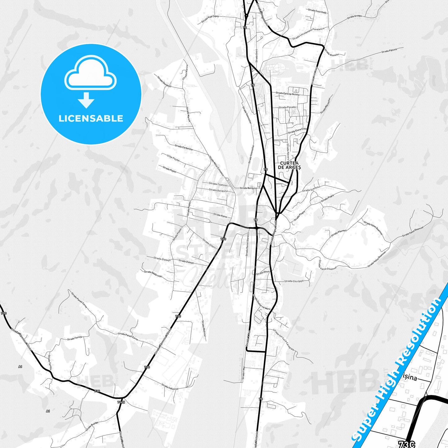 Curtea de Argeș, Romania Light Map with Street Names, City Names, and Districts
