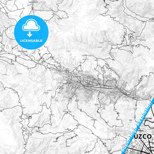 Cusco, Peru light map with streetnames, citynames and districts