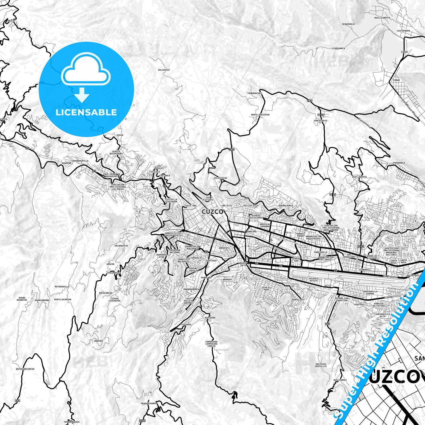 Cusco, Peru Light Map with Street Names, City Names, and Districts