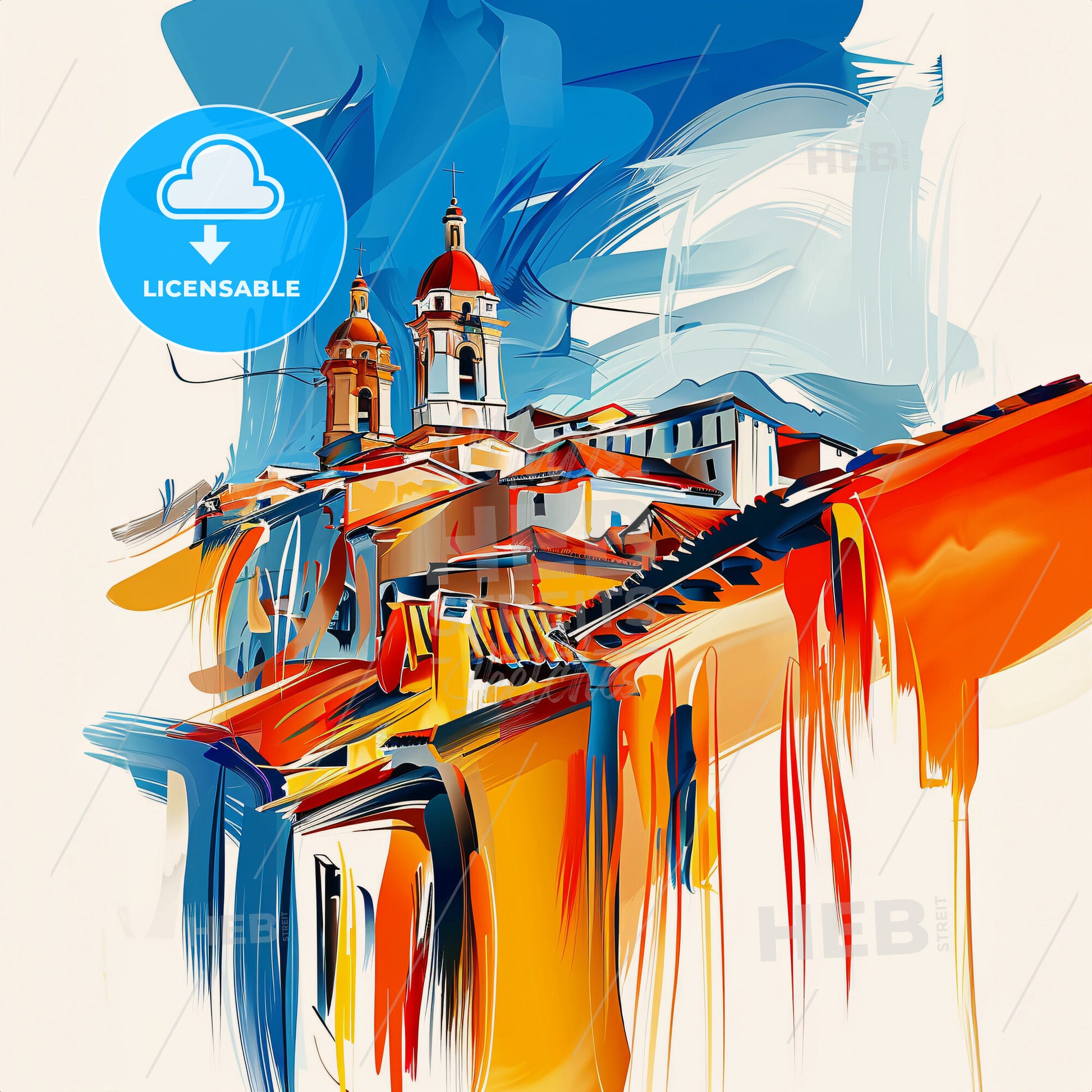 Vibrant Cusco, Peru - A Painting Of A Building With A Tower And A Blue Sky