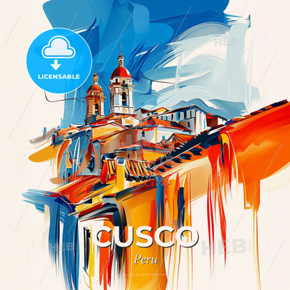 Vibrant Cusco, Peru - A Painting Of A Building With A Tower And A Blue Sky - Square format print template