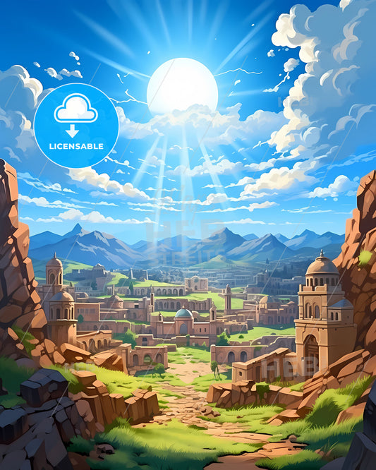 Cartoon Painting Cusco Peru City Skyline with Vivid Colors - Vibrant Artwork