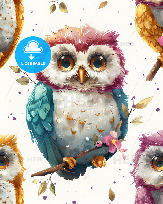 Cute and Colorful Owl Pattern: Sweet Owls in Cartoon Style with Flowers, Glasses, and Bows - Perfect Childrens Wallpaper Design!