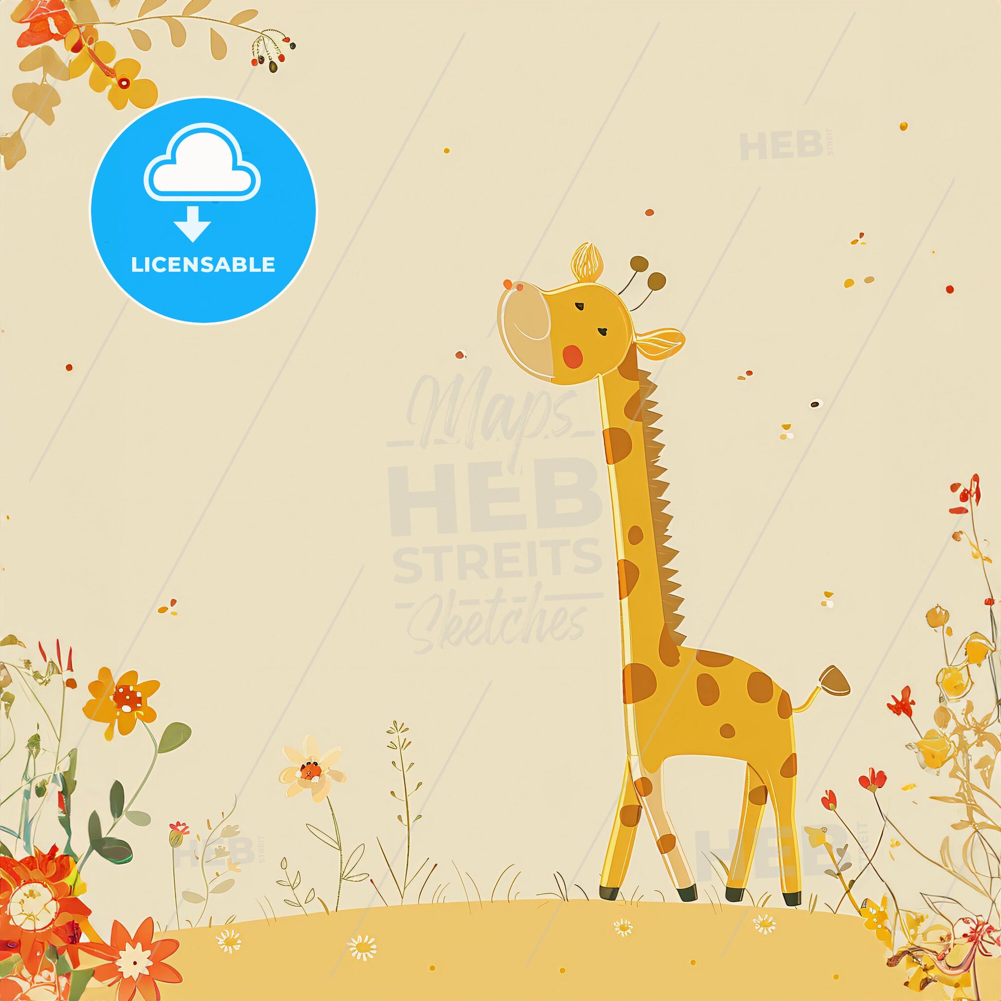 Cute cartoon animal background with a light yellow color scheme - A giraffe in a field of flowers