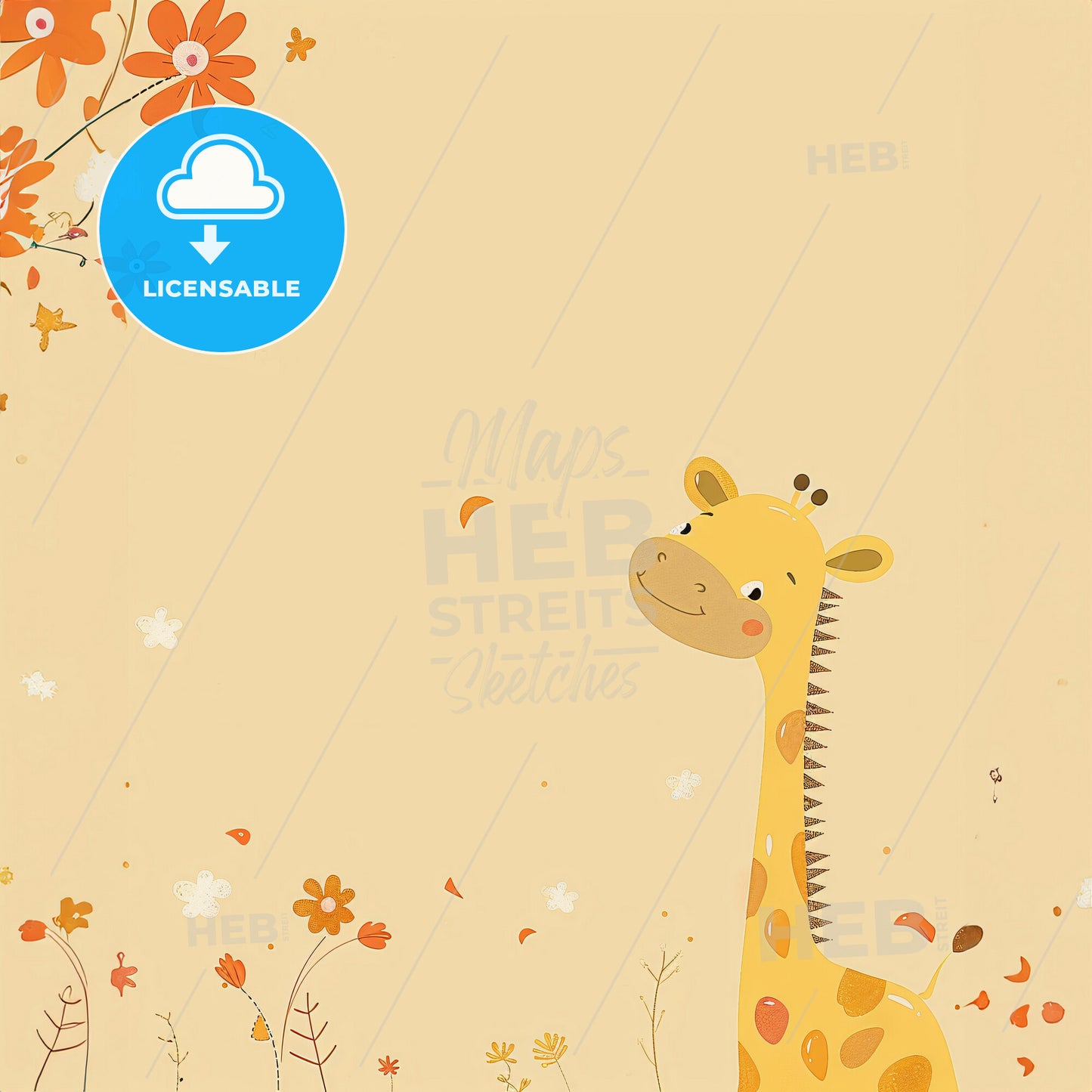 Cute cartoon animal background with a light yellow color scheme - A giraffe in a field of flowers