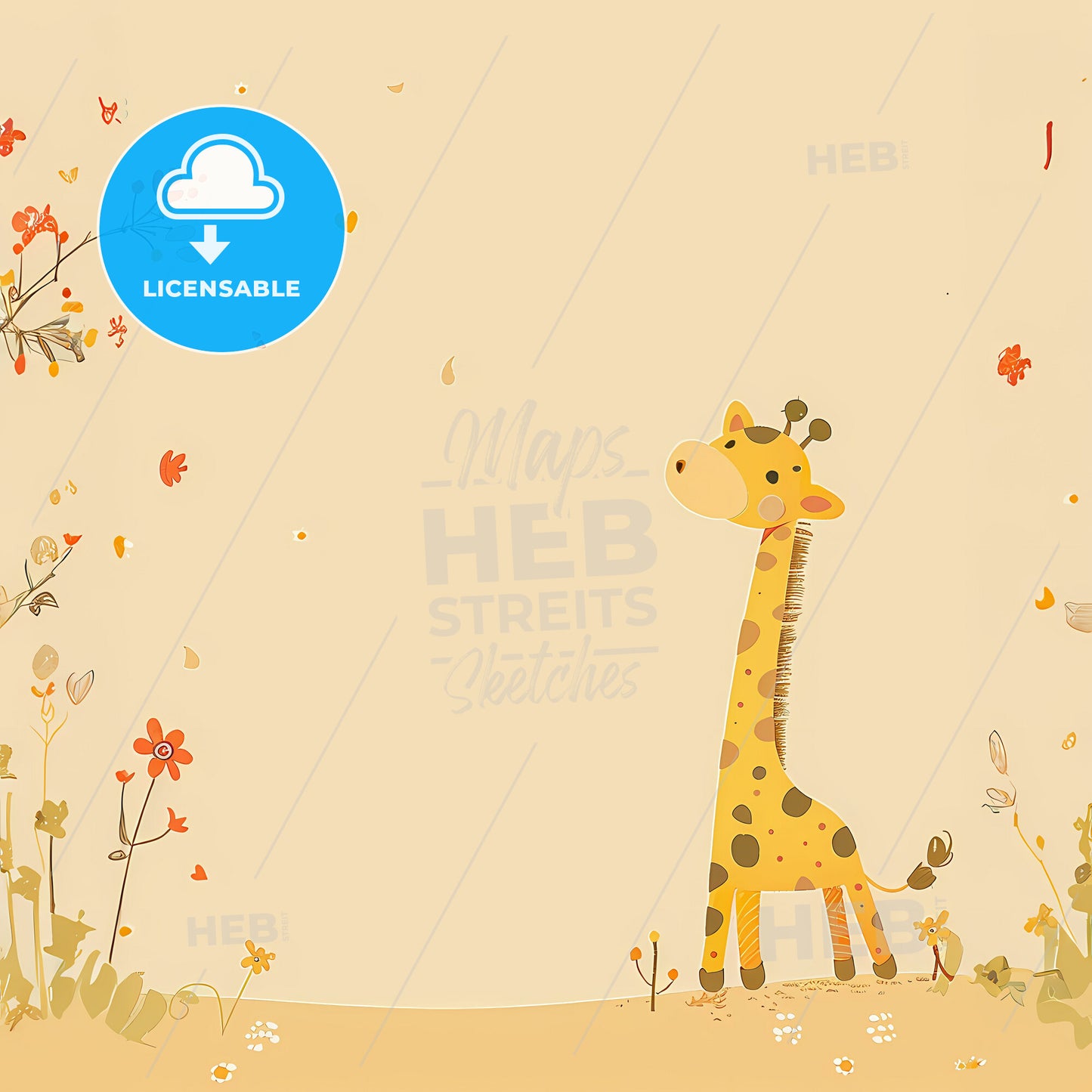 Cute cartoon animal background with a light yellow color scheme - A giraffe standing in a field