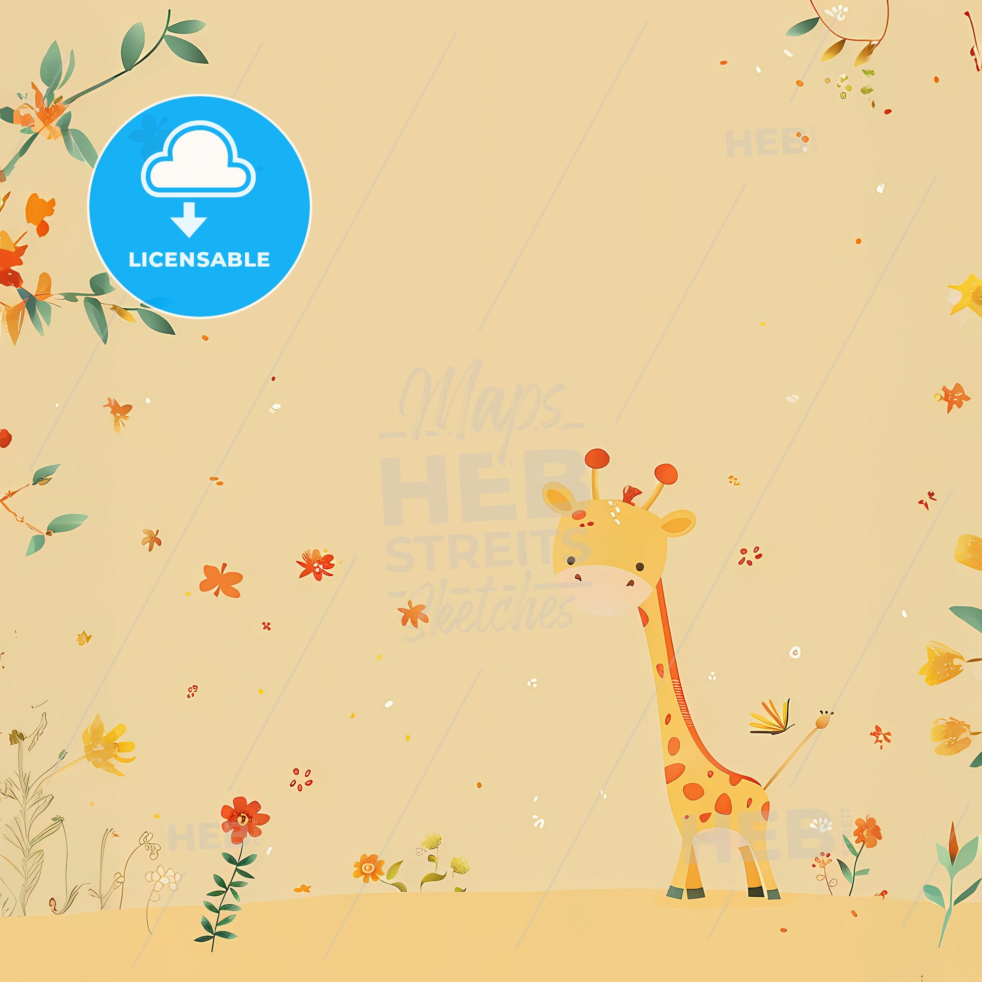 Cute cartoon animal background with a light yellow color scheme - A giraffe with flowers and leaves