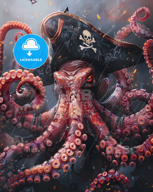 Vibrant Digital Painting of Adorable Cartoon Octopuses Adorned with Pirate Hats: Red Octopus with Pirate Hat