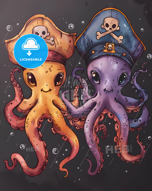 Vibrant Pirate Octopus Art: Cute Cartoon Octopuses with Hats in Unique Style