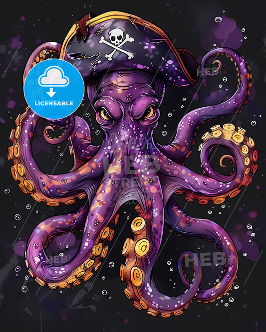 Purple Pirate Octopus: Vibrant Cartoon Painting with Artistic Focus, Featuring Pirate Hat