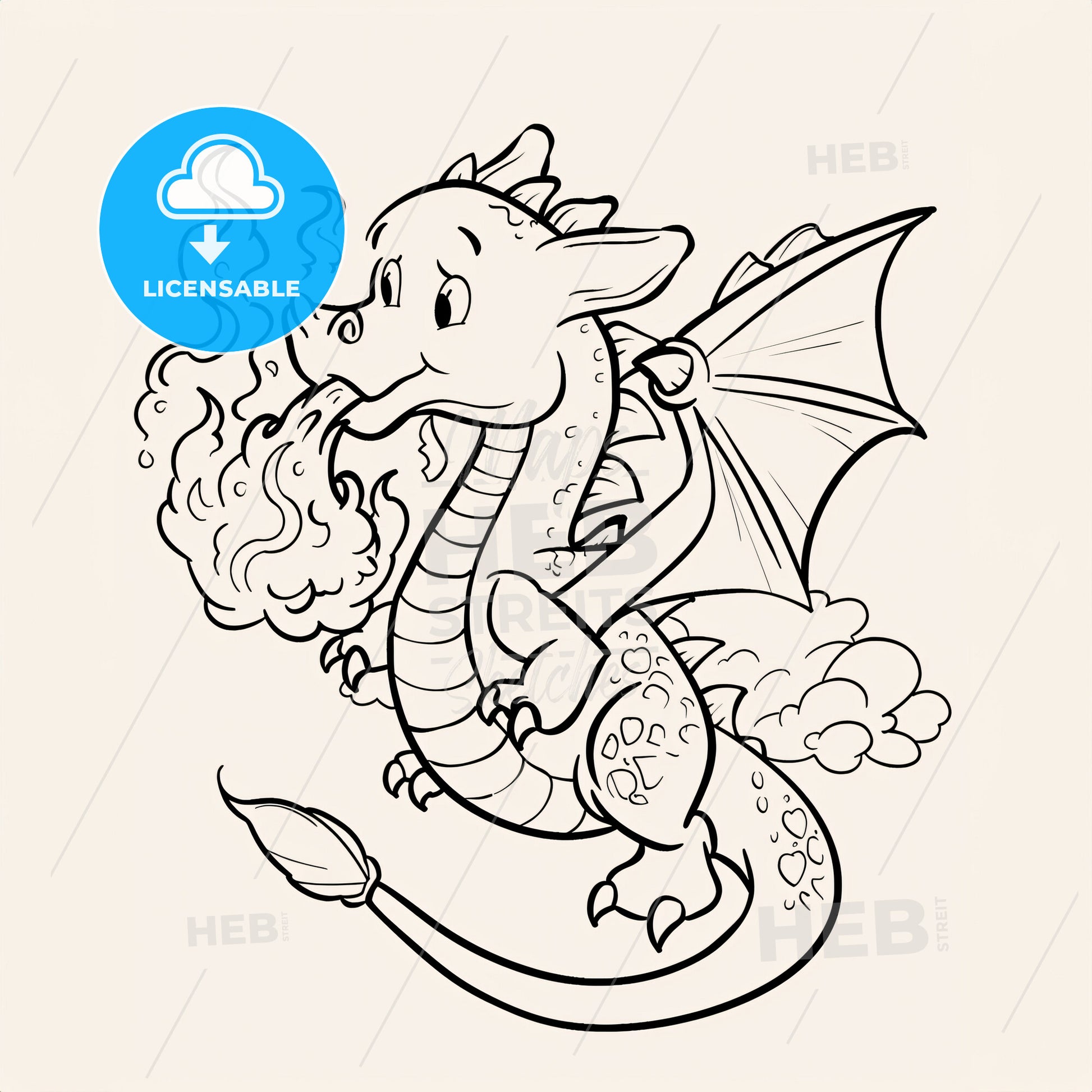 Cute Dragon Breathing Fire Coloring Pages For Kids - A Cartoon Dragon With Wings And Wings