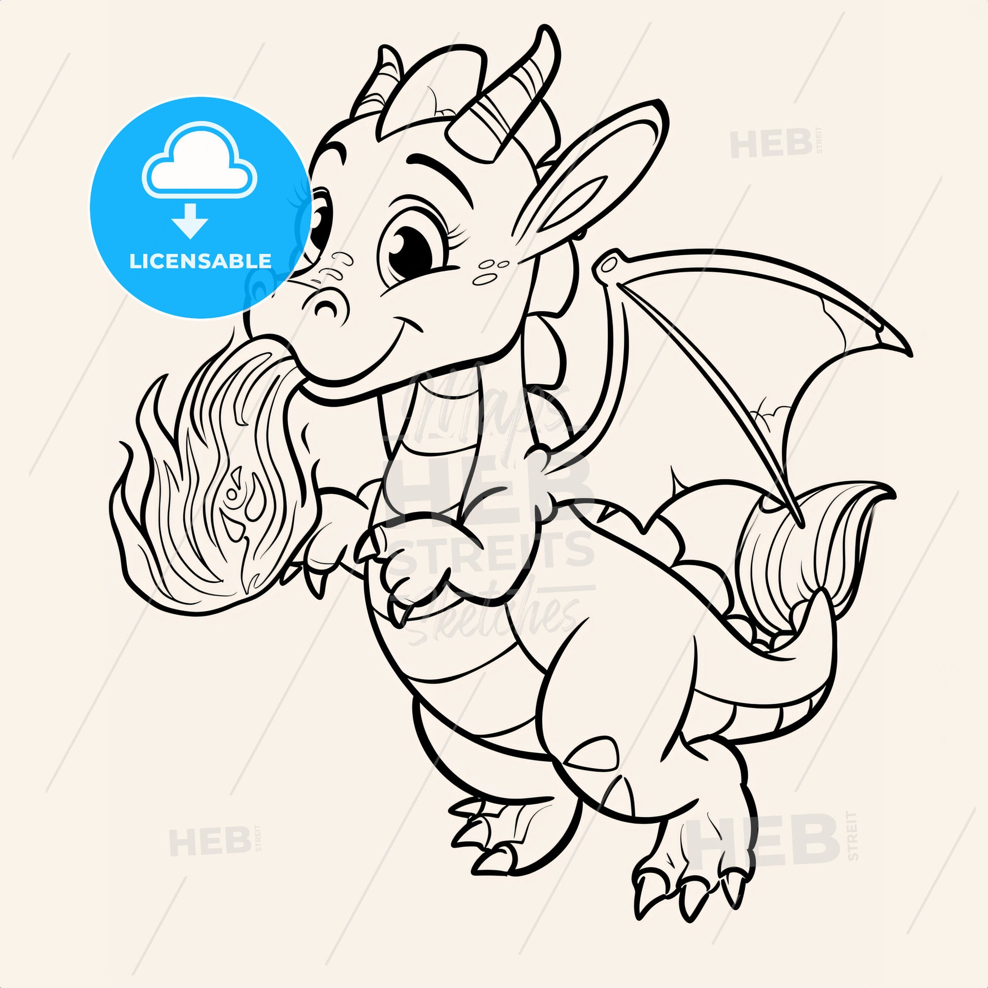 Cute Dragon Breathing Fire Coloring Pages For Kids - A Cartoon Dragon With Wings And Horns