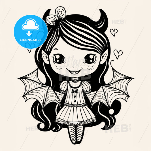 Cute Girl Vampire - A Cartoon Of A Girl With Long Hair And Wings