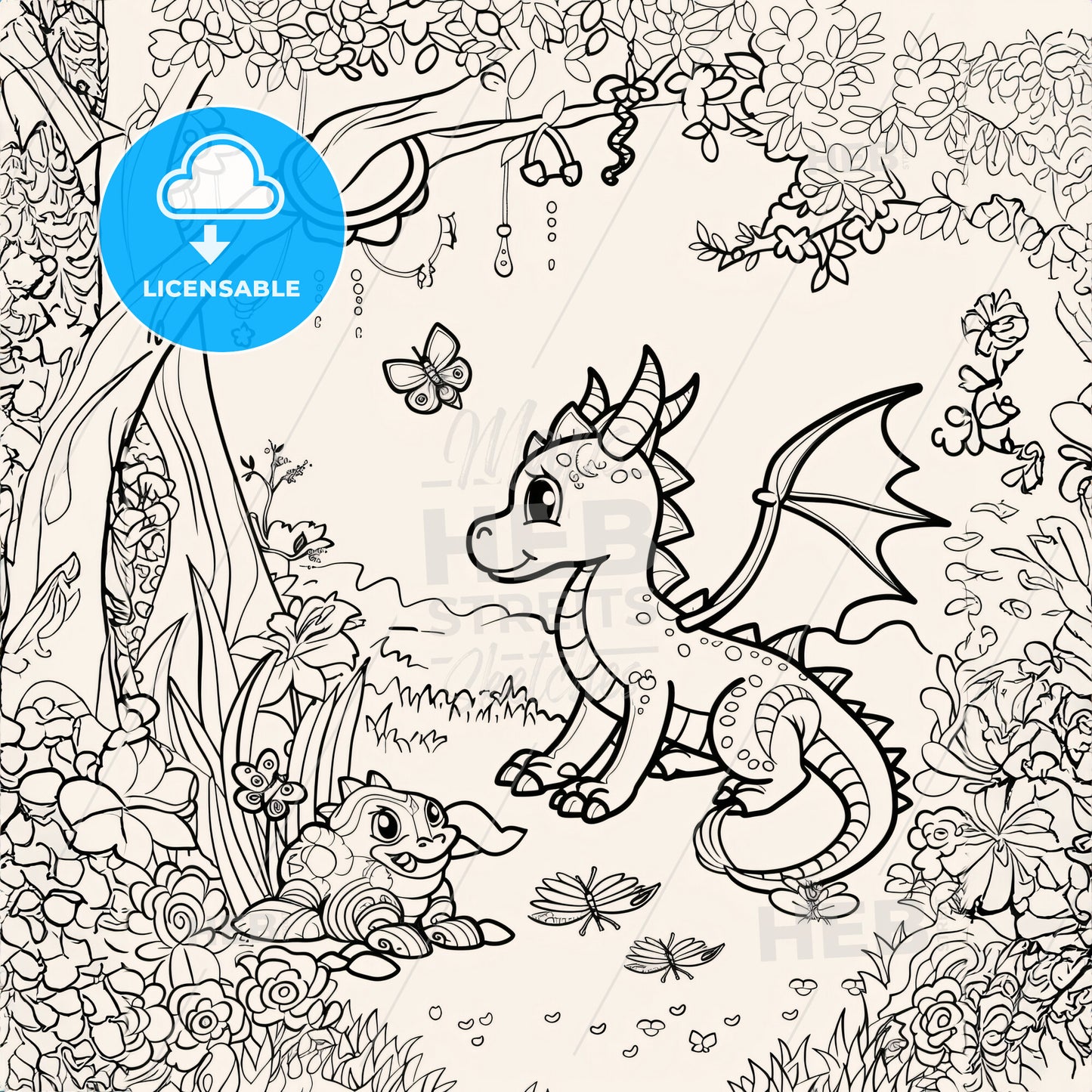 Cute Mythical Dreagon Scenery - A Coloring Page Of A Dragon And A Turtle