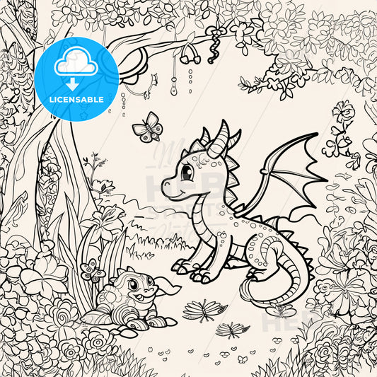 Cute Mythical Dreagon Scenery - A Coloring Page Of A Dragon And A Turtle