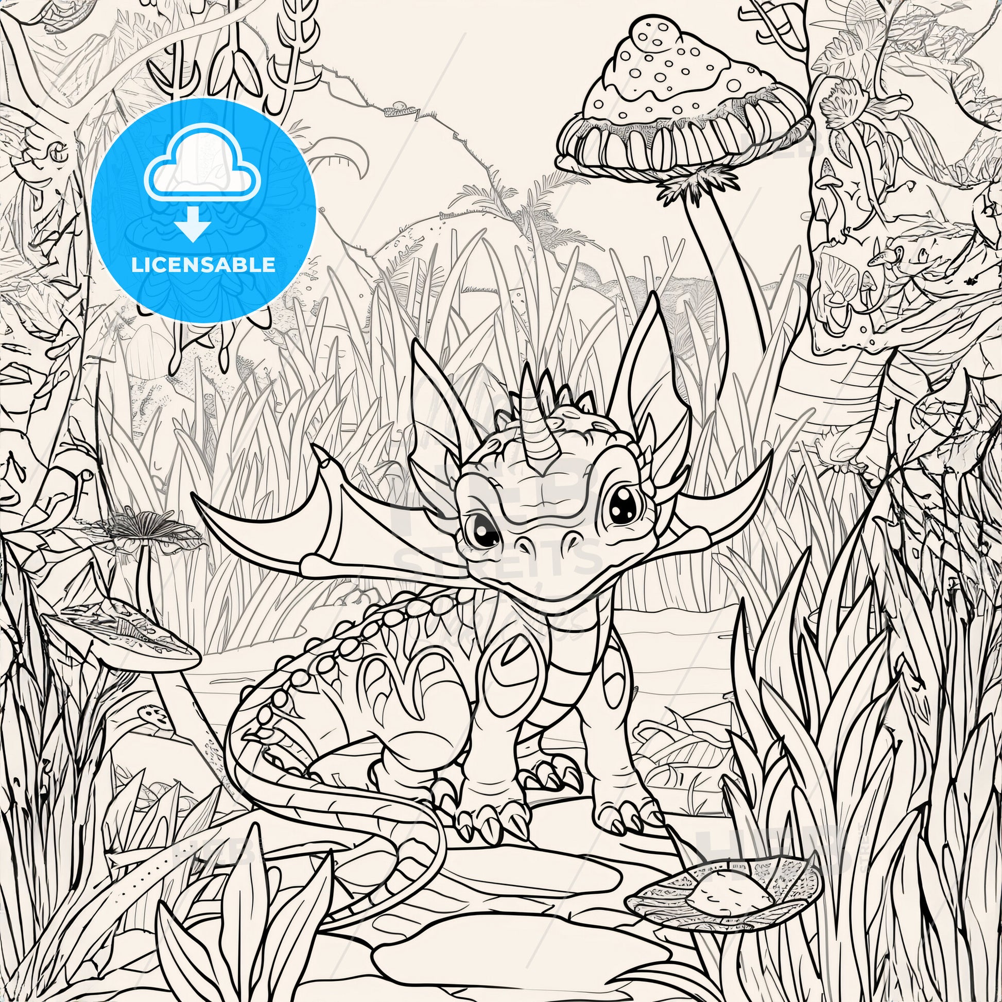 Cute Mythical Dreagon Scenery - A Coloring Page Of A Cartoon Dragon