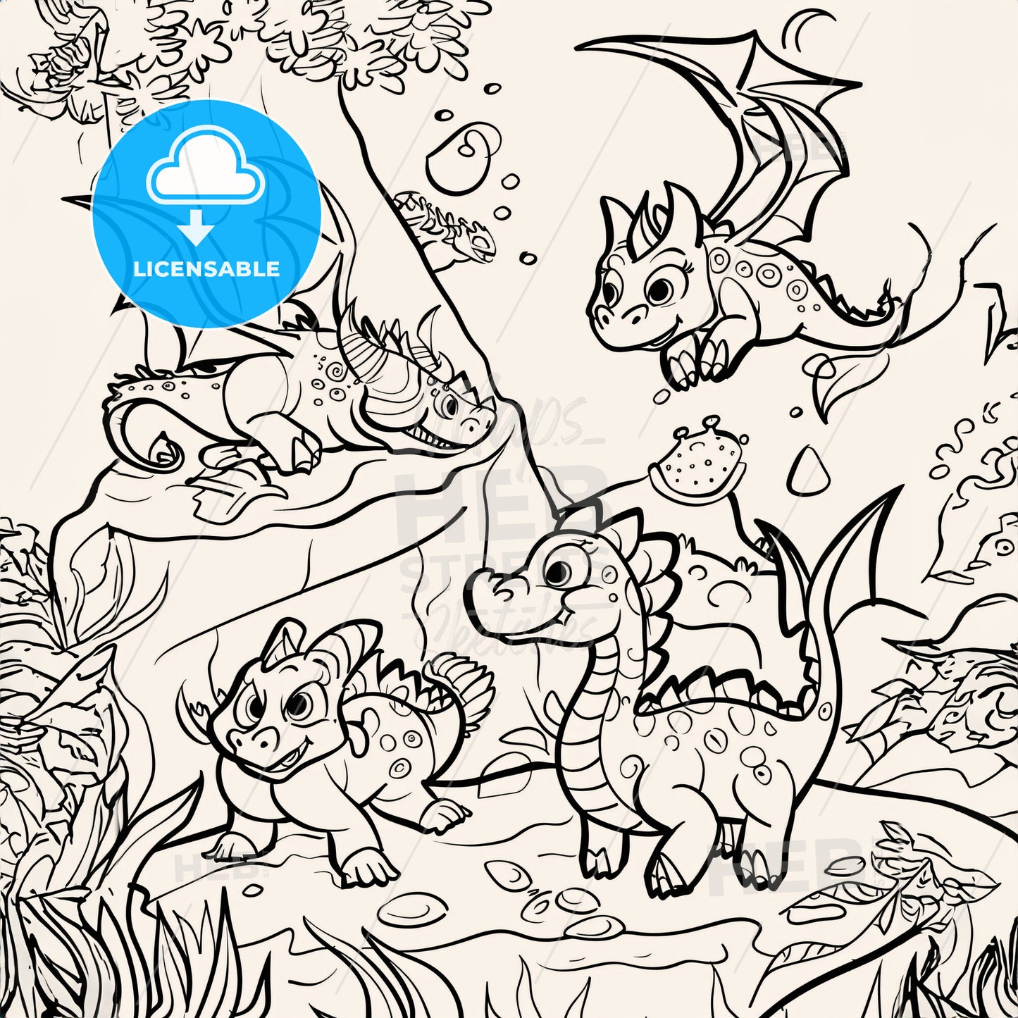 Cute Mythical Dreagons Scenery - A Coloring Page Of A Cartoon Dinosaur