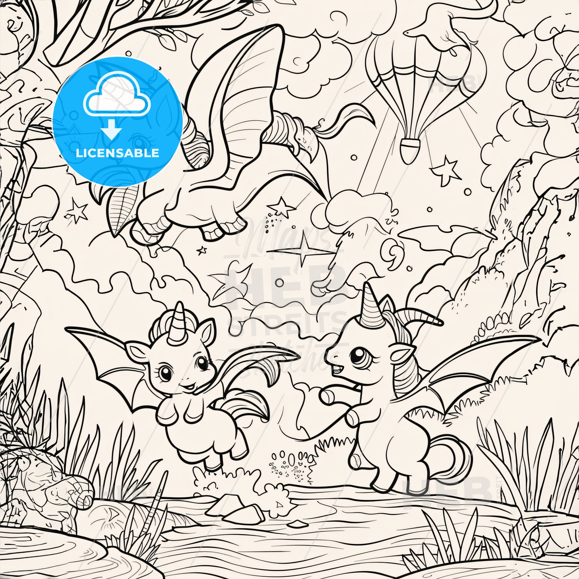 Cute Mythical Dreagons Scenery - A Coloring Page Of A Cartoon Animal