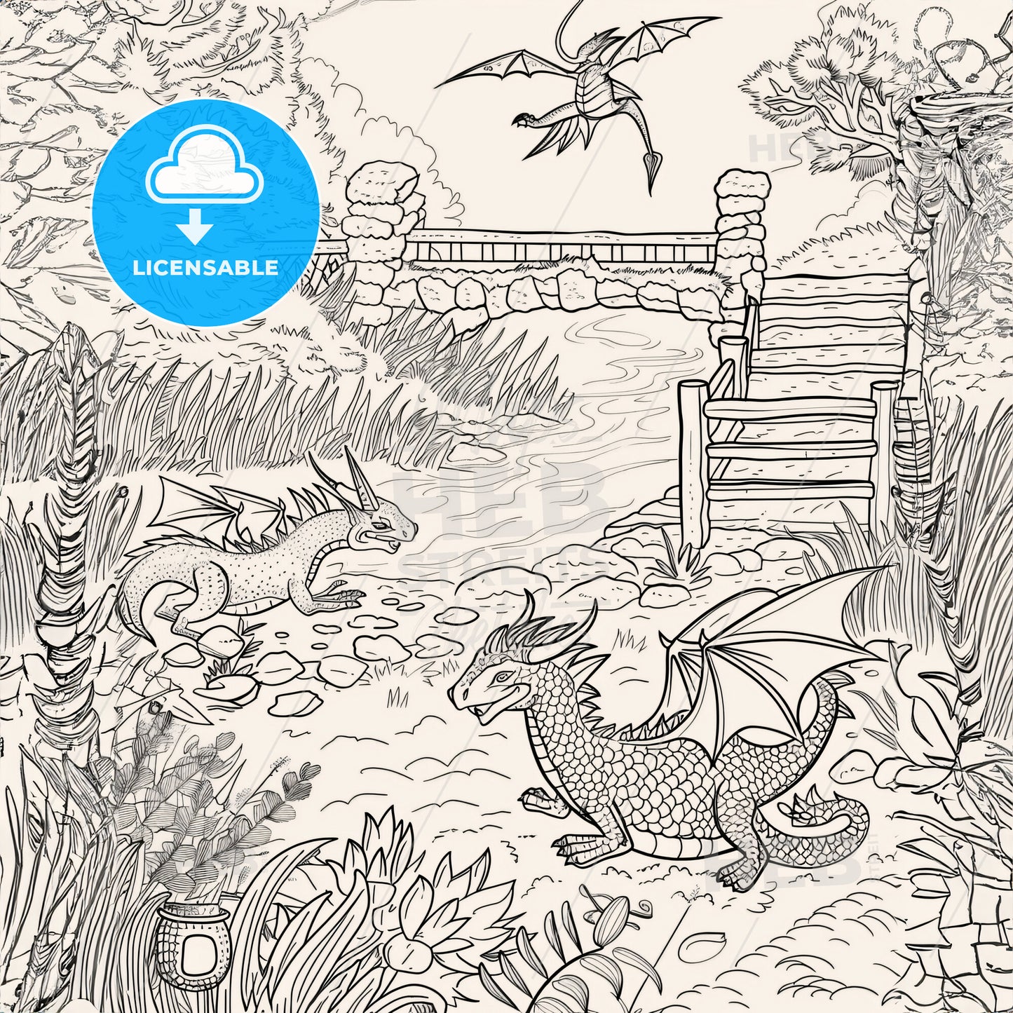 Cute Mythical Dreagons Scenery - A Coloring Page Of A Dragon