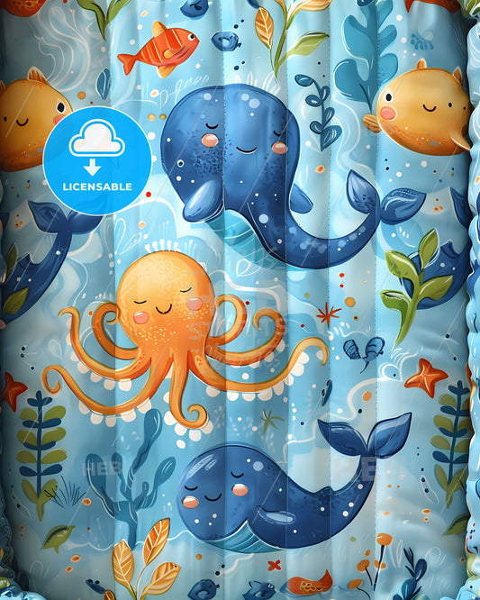 Vibrant ocean-themed nursery fabric featuring an octopus and whale pattern on a light blue background with a white border
