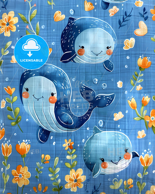 Artistic Ocean Nursery Fabric Pattern with Octopus and Whale Motifs in Blue and White