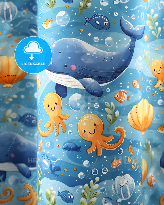 Ocean Baby Swim Pattern Fabric, Octopus and Whale Print, Light Blue Background with White Border, Cartoon Animal Fabric