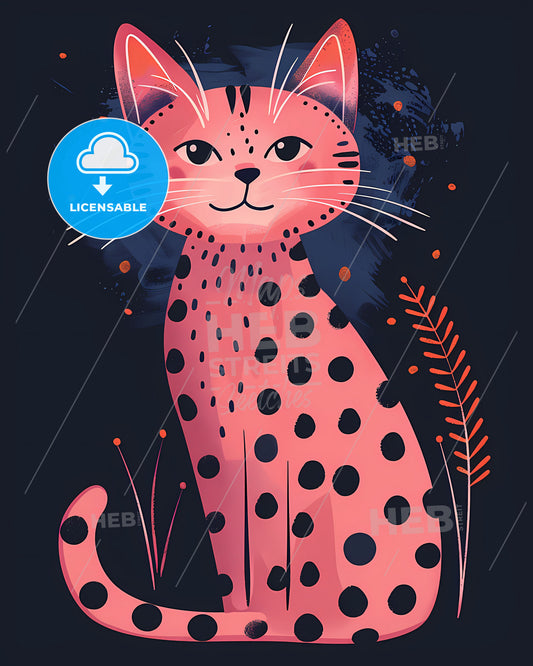 Colorful Art Illustration of a Pink Cat on a Blue Background with Leopard Print Patterns