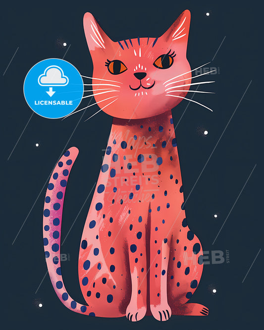Vibrant Abstract Painting: Playful Pink Cat with Purple Leopard Print and Bright Colors on Dark Blue Background