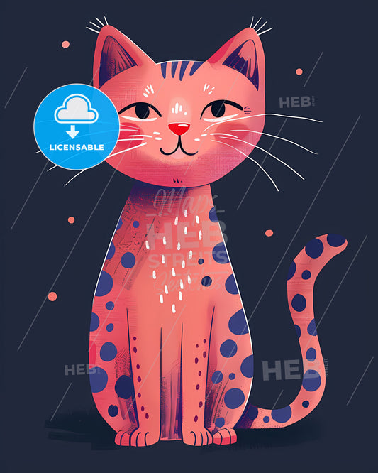 Adorable Pink Feline: Vibrant Abstract Cat Portrait with Purple Leopard Print and Blue Spots