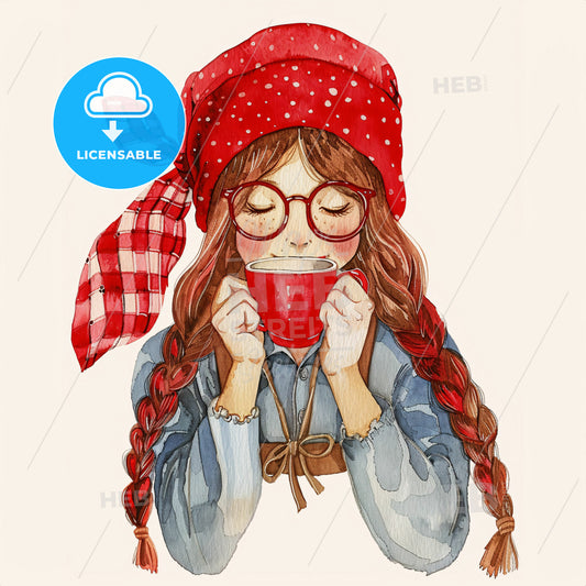 A Woman With Red Head Scarf And Glasses Holding A Red Cup