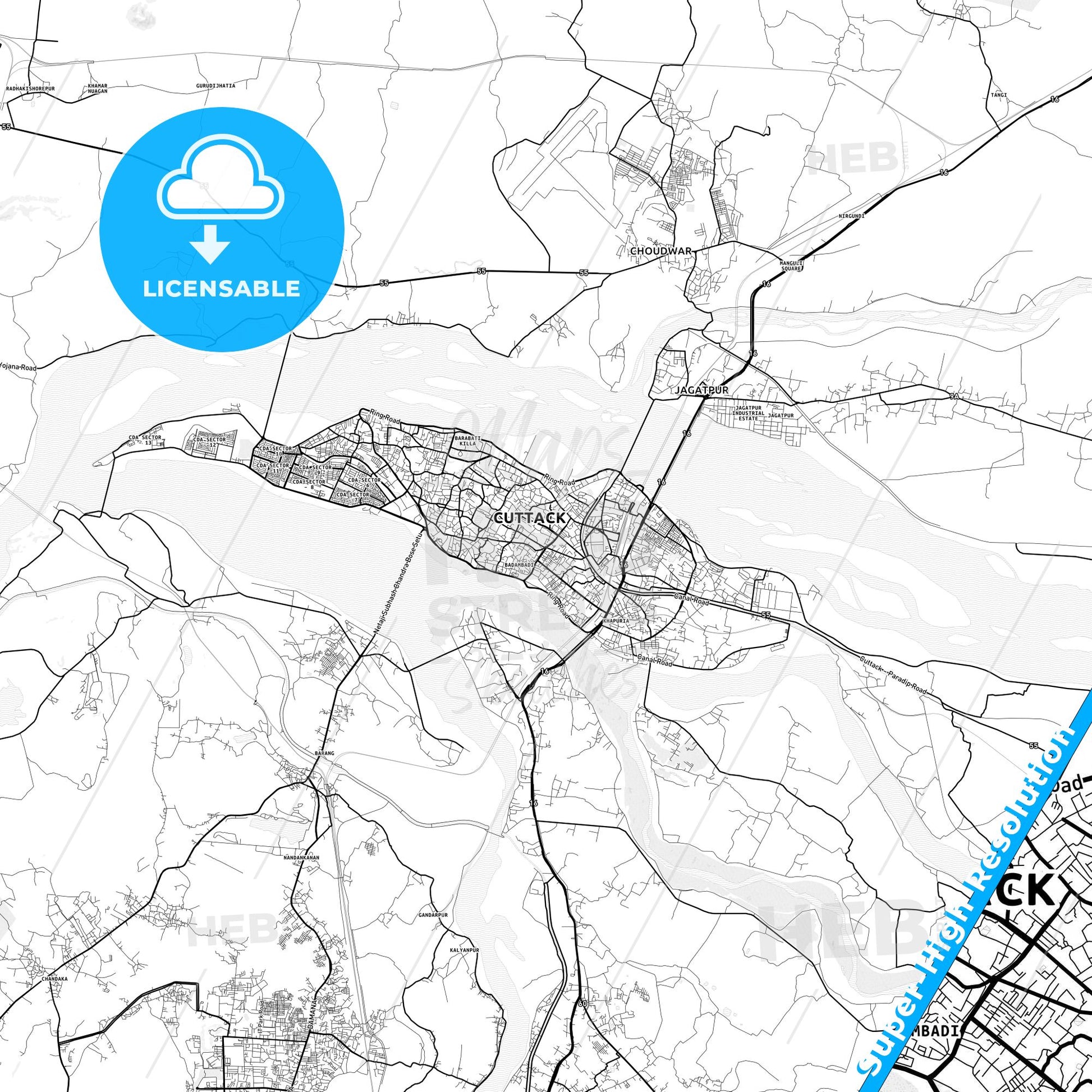 Cuttack, India light map with streetnames, citynames and districts