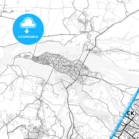 Cuttack, India light map with streetnames, citynames and districts