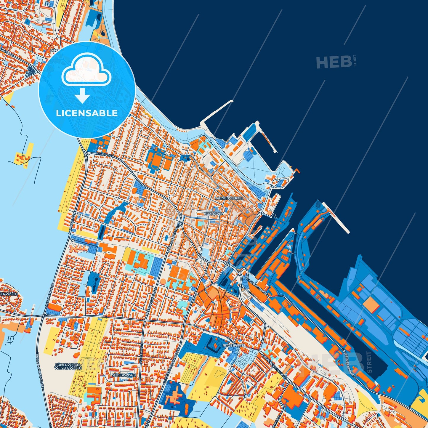 Colorful Cuxhaven Street Map with Labels and Buildings