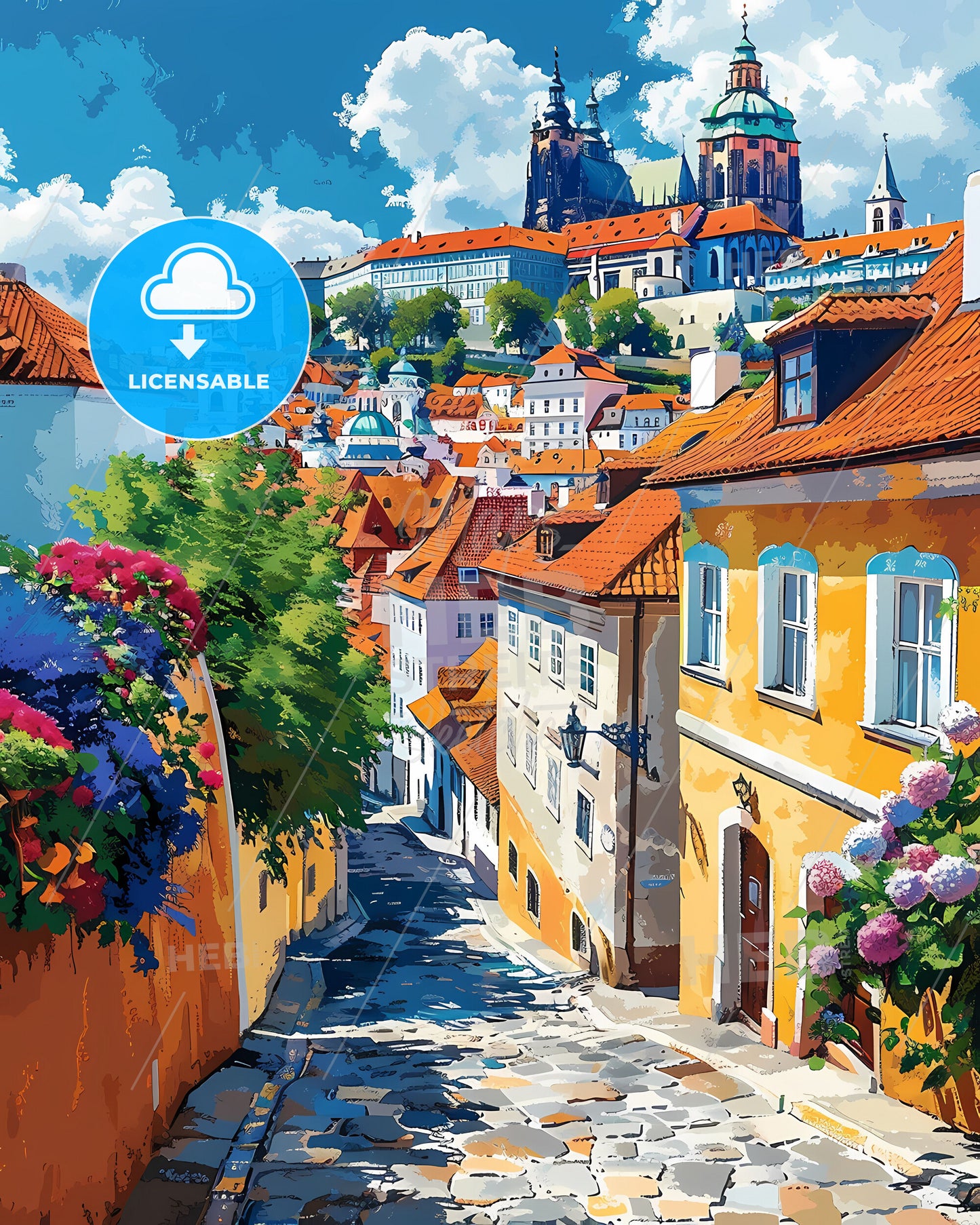 Artistic Cityscape Painting: European Street with Colorful Buildings and Vibrant Flowers