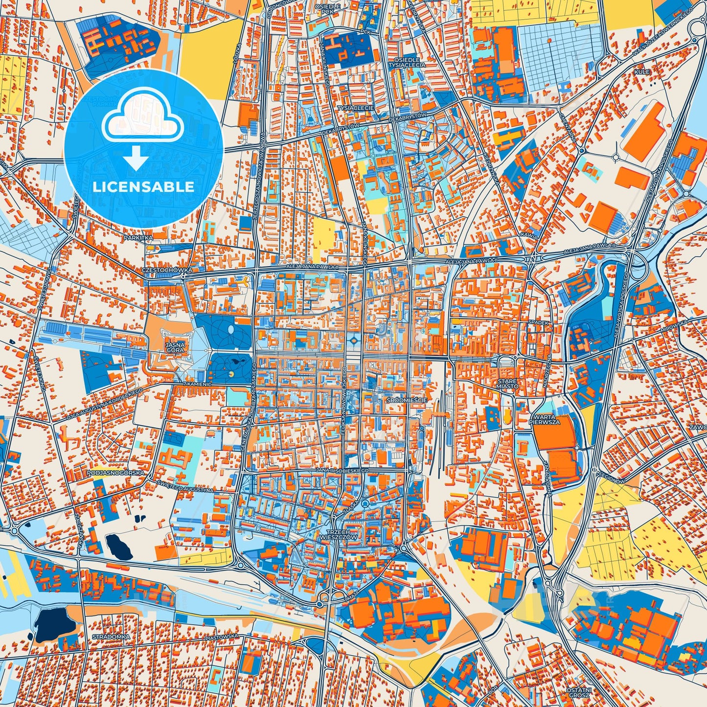 Colorful Częstochowa Street Map with Labels and Buildings