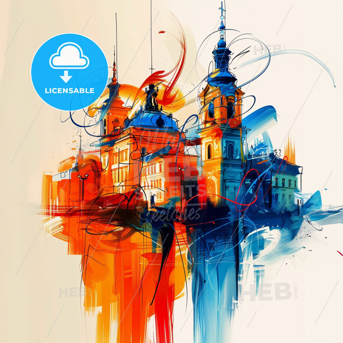 Vibrant Częstochowa, Poland - A Painting Of Buildings With Colorful Paint Splashes