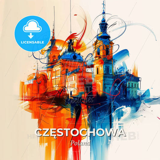 Vibrant Częstochowa, Poland - A Painting Of Buildings With Colorful Paint Splashes - Square format print template