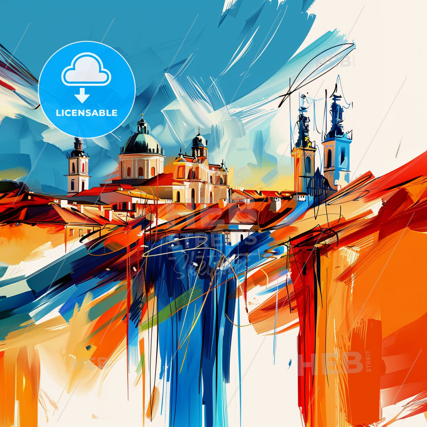 Vibrant Łódź, Poland - A Painting Of A Building With A Blue Sky