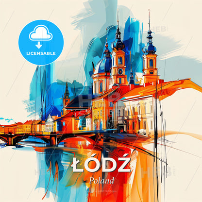 Vibrant Łódź, Poland - A Painting Of A Building With A Bridge And A Bridge - Square format print template