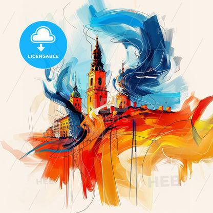 Vibrant Łódź, Poland - A Painting Of A Building With A Tower And A Colorful Background